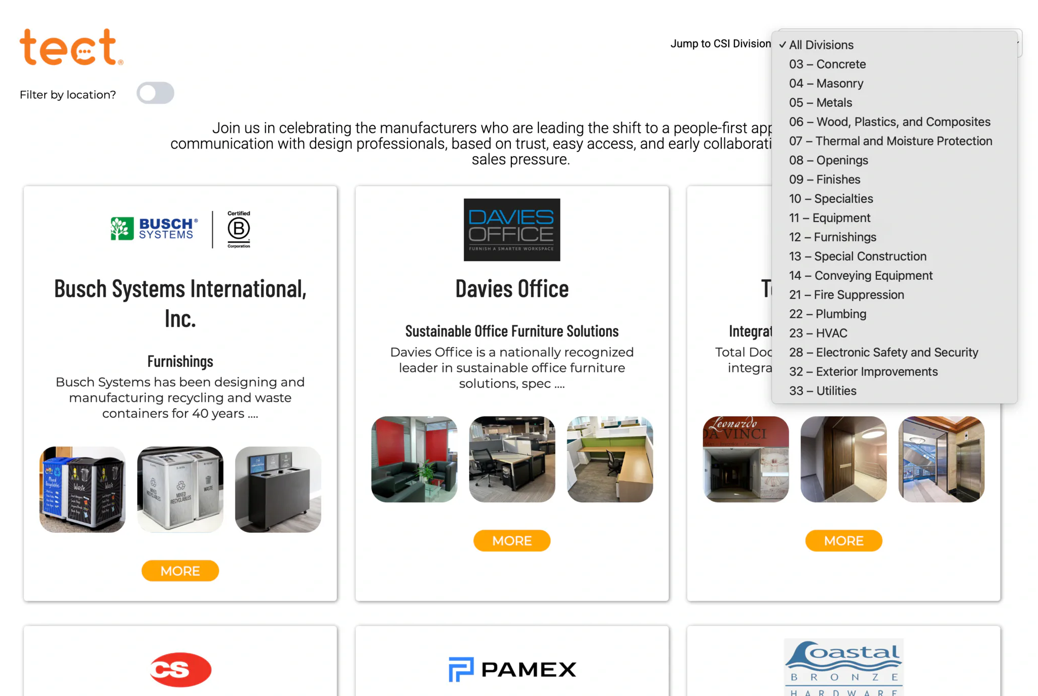 The tect directory with the CSI division selector open, listing divisions from concrete through utilities