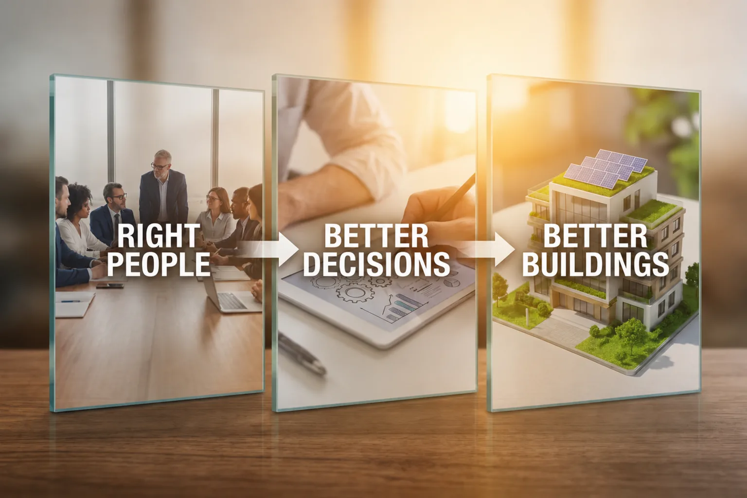 Right people, better decisions, better buildings: three panels showing a project team in discussion, a designer reviewing options, and the completed building