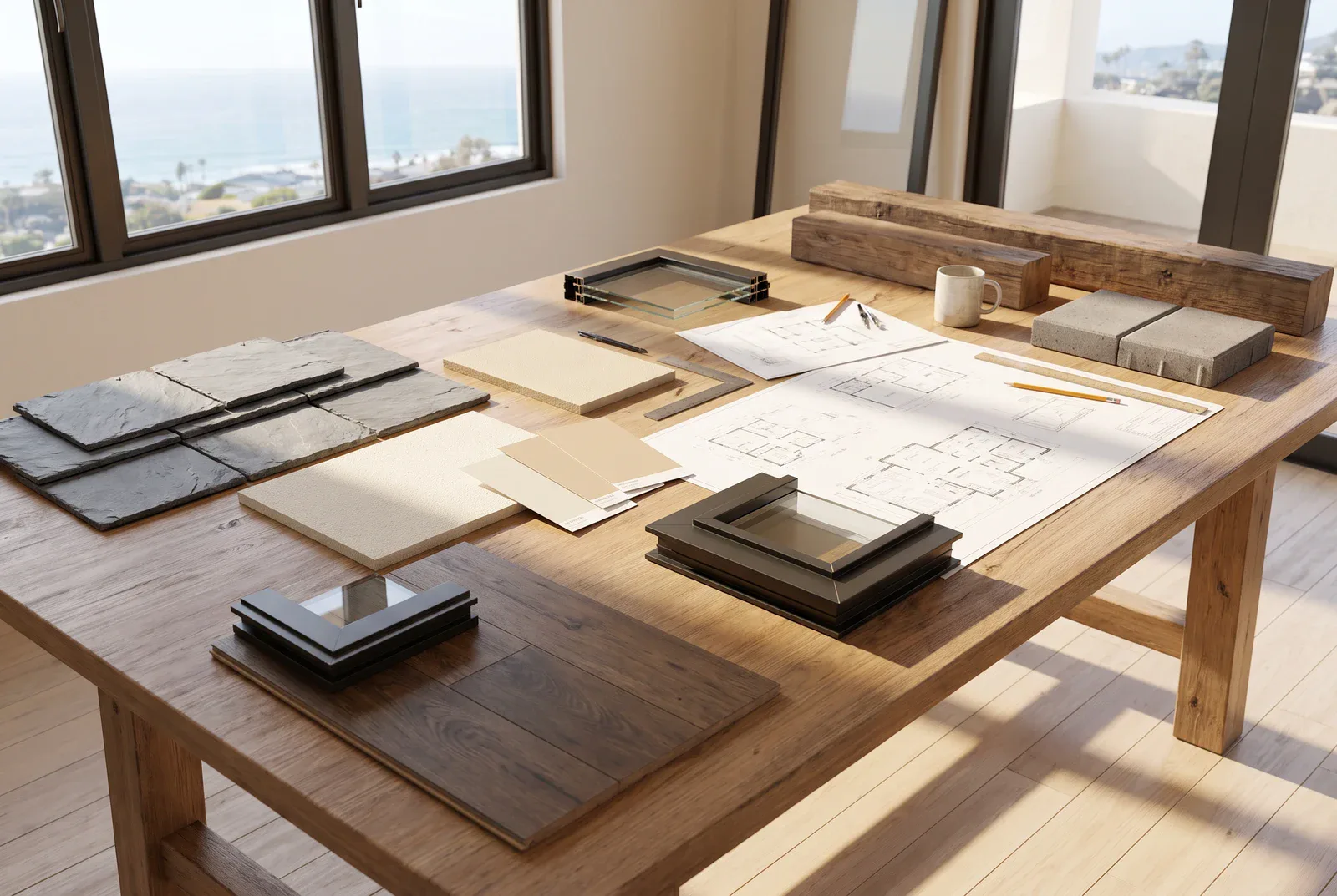 A curated arrangement of building materials: stone, timber, metal and glass samples laid out for review