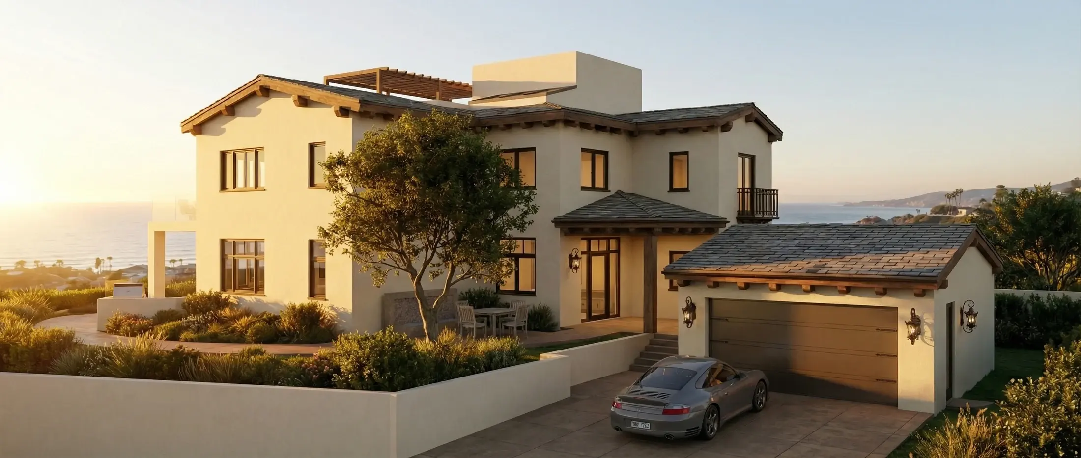 Rendering of the Pacific Palisades rebuild: a hillside home above the ocean at sunset