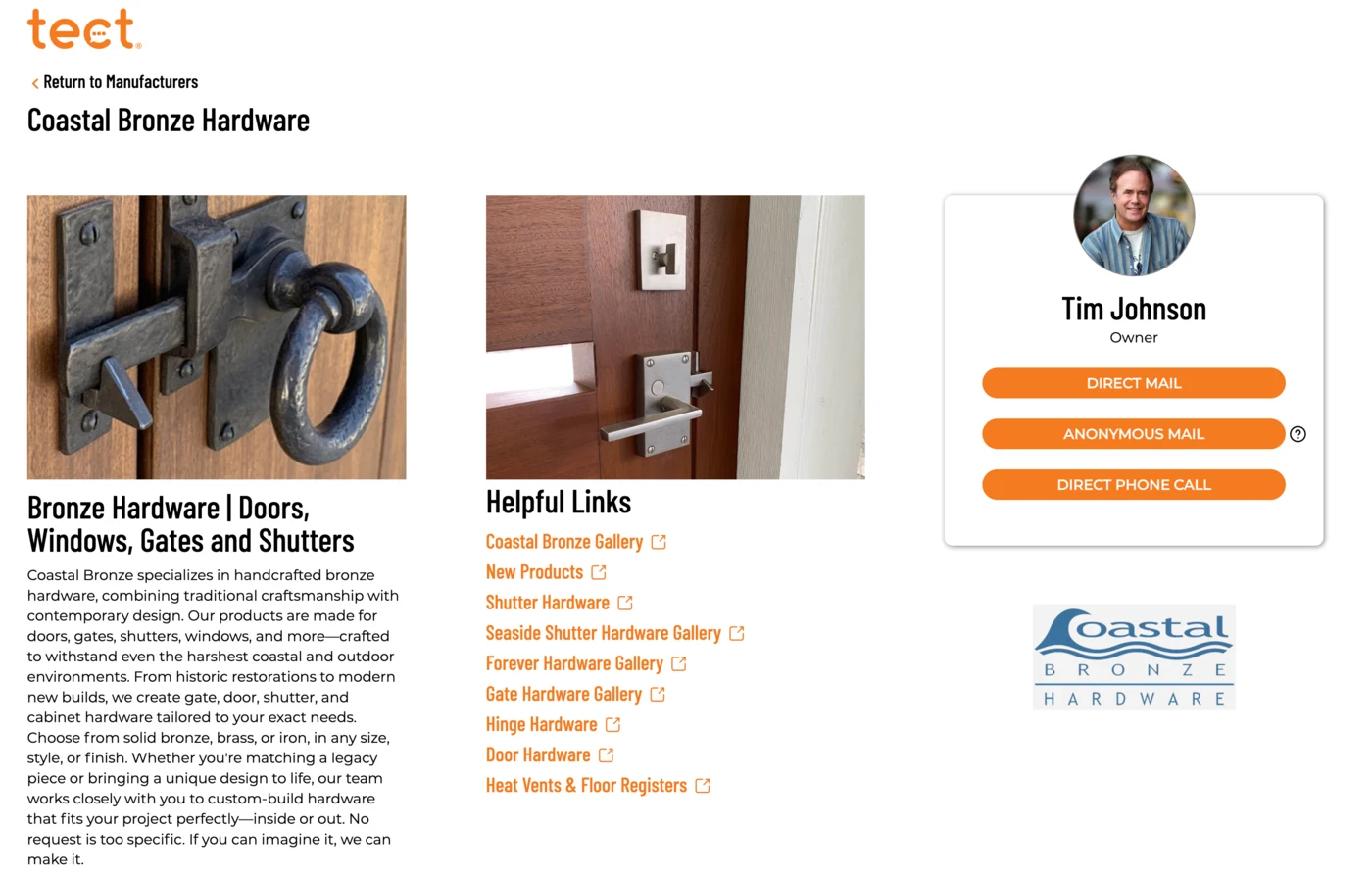 The Coastal Bronze Hardware profile on tect, showing owner Tim Johnson with direct mail, anonymous mail and direct phone options alongside helpful product links