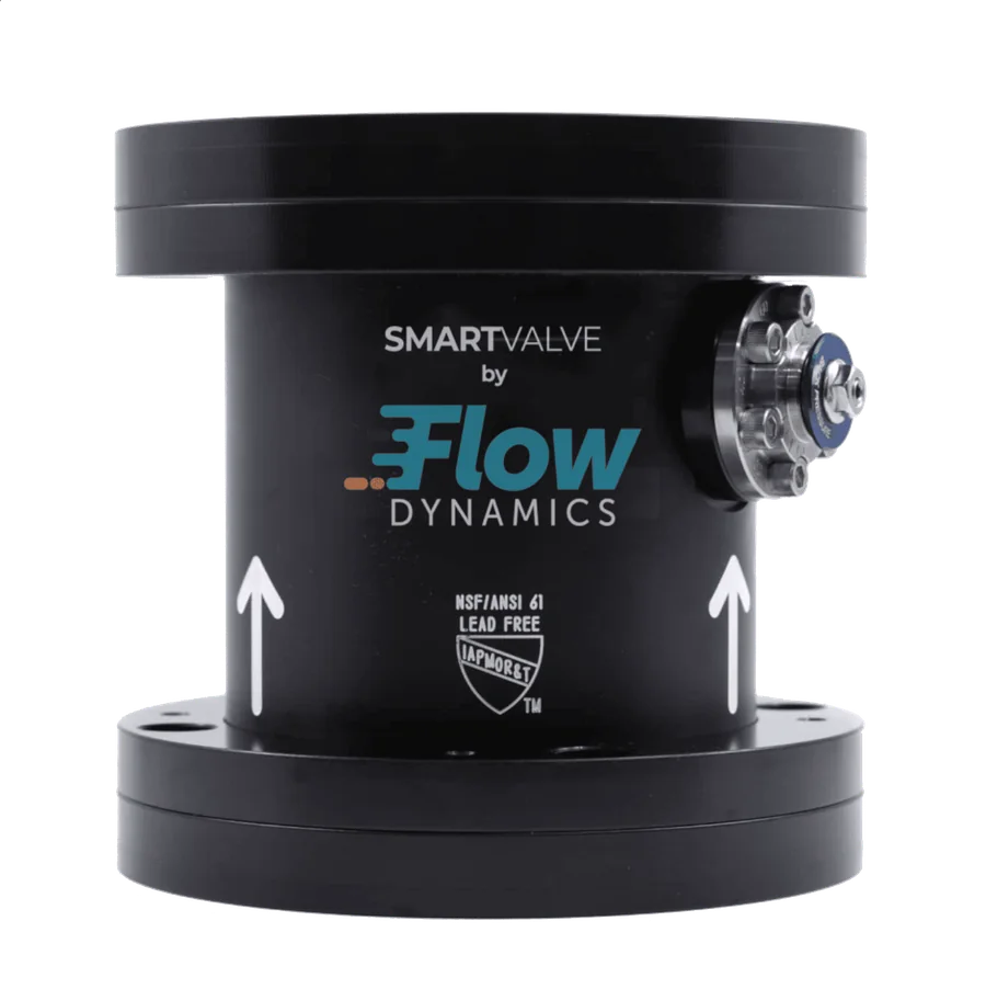 The Smart Valve by Flow Dynamics: a black in-line pressure valve body with flow-direction arrows