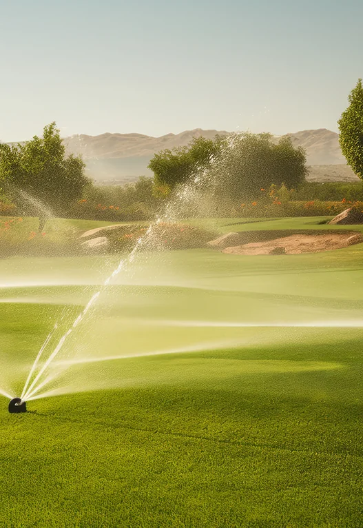 Irrigation sprinklers running across a golf course at dawn