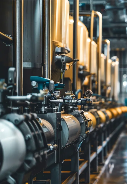Pipework and valves running the length of an industrial plant