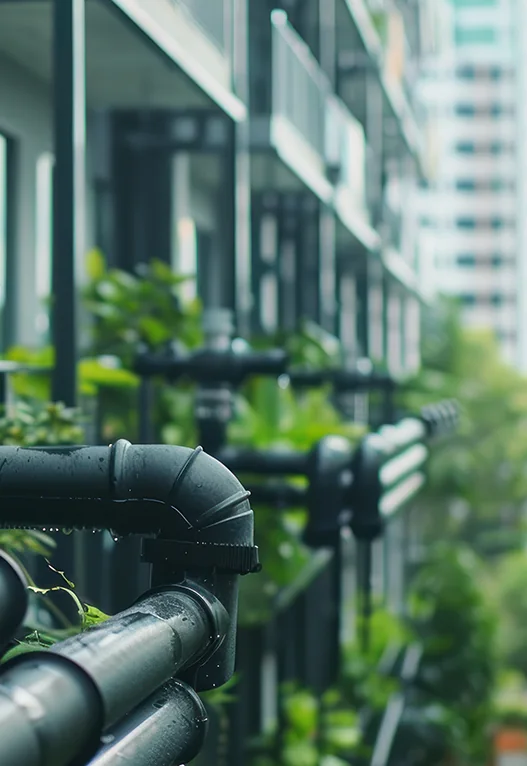 Exterior plumbing risers on a multifamily building